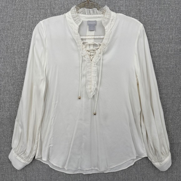 Chico's Ruffle Lace-Up‎ Long Sleeve Top Elegant Career White Sz S 4 (0) Coquette - Picture 1 of 11